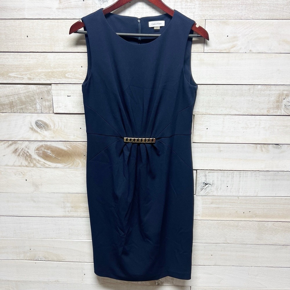 Calvin Klein Dress Womens 8 Navy‎ Blue Sleeveless Stretch Formal Wedding Event